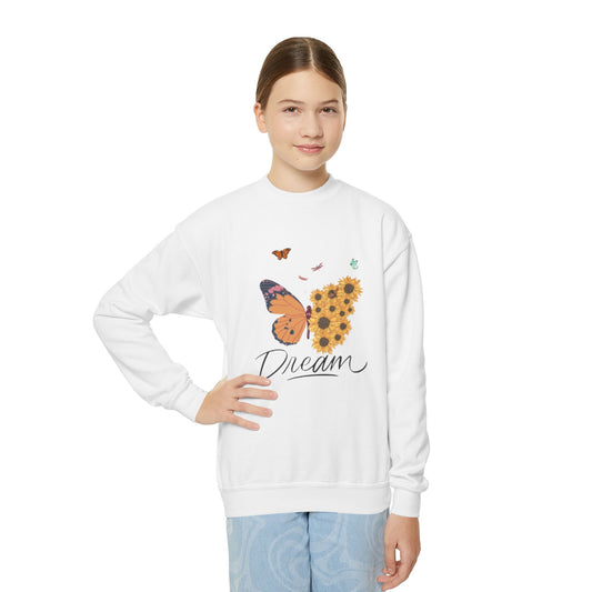 Dream Butterfly Youth Crewneck Sweatshirt - Floral Graphic for Kids